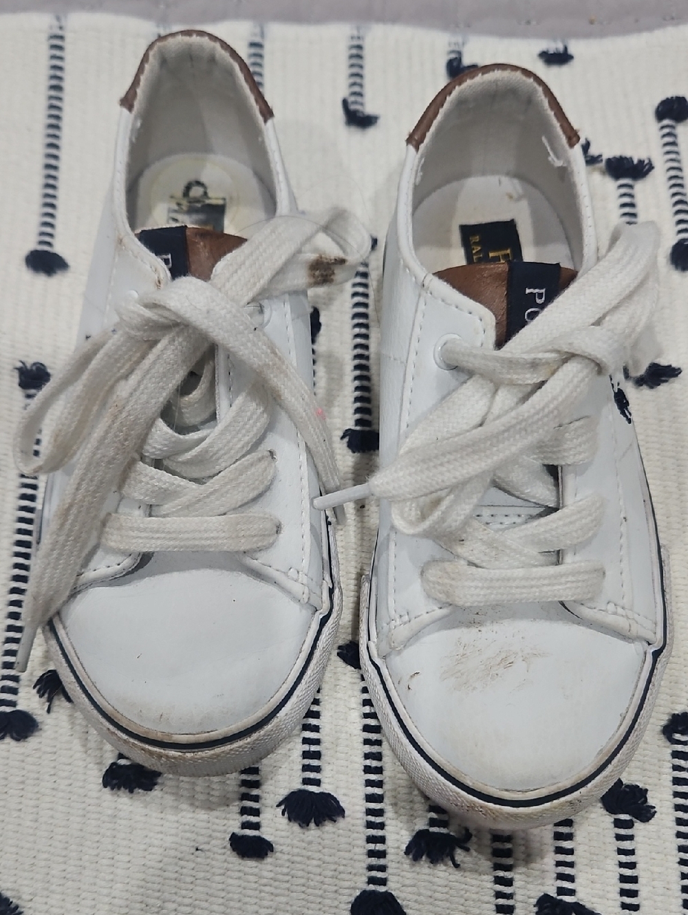 Ralph Lauren White Kids Lace-Up Sneakers with Brown Heel Tab
